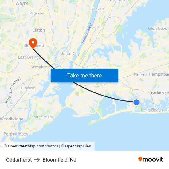 Cedarhurst to Bloomfield, NJ map