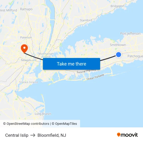Central Islip to Bloomfield, NJ map