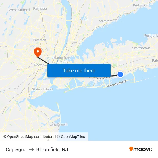 Copiague to Bloomfield, NJ map