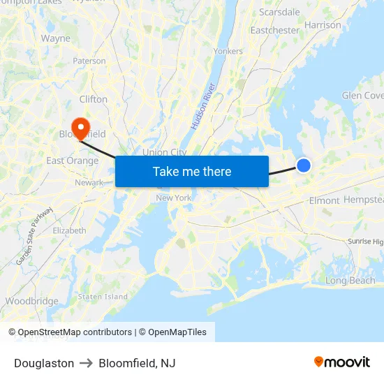 Douglaston to Bloomfield, NJ map