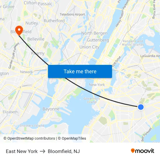 East New York to Bloomfield, NJ map