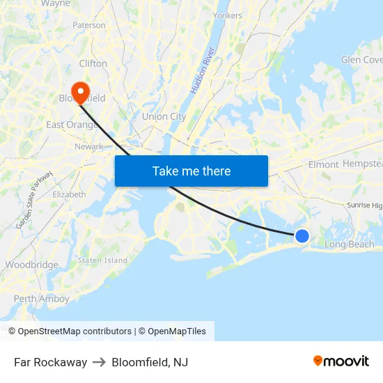 Far Rockaway to Bloomfield, NJ map
