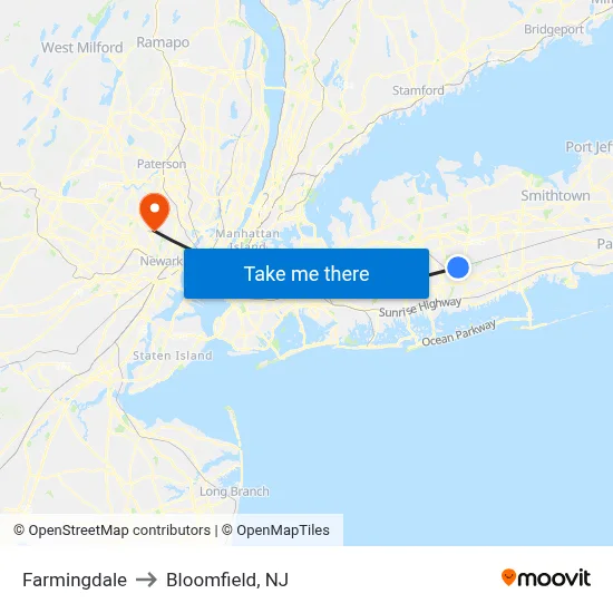 Farmingdale to Bloomfield, NJ map