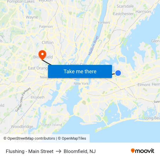 Flushing - Main Street to Bloomfield, NJ map