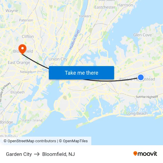 Garden City to Bloomfield, NJ map