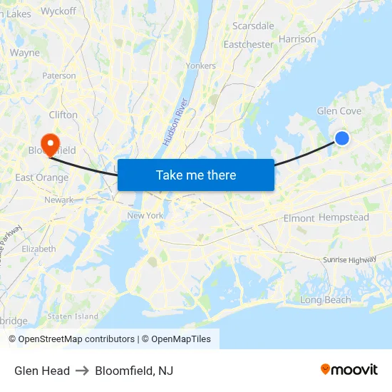 Glen Head to Bloomfield, NJ map