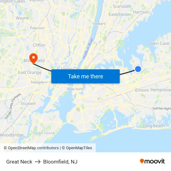 Great Neck to Bloomfield, NJ map