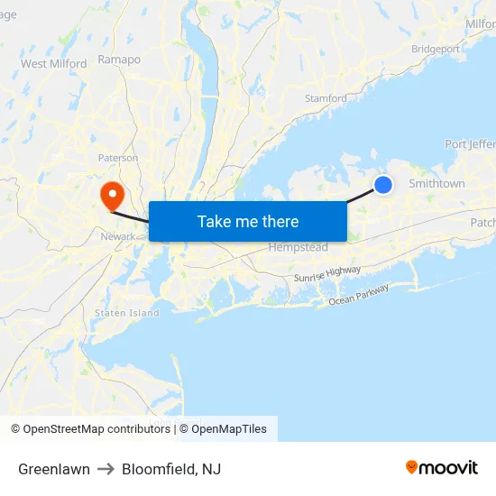 Greenlawn to Bloomfield, NJ map