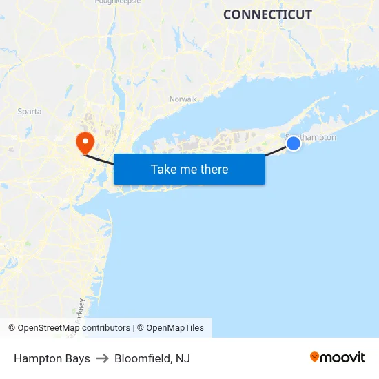 Hampton Bays to Bloomfield, NJ map