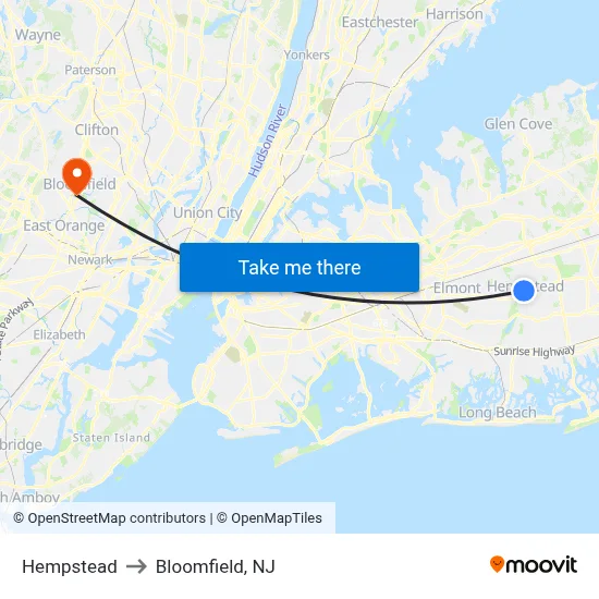 Hempstead to Bloomfield, NJ map