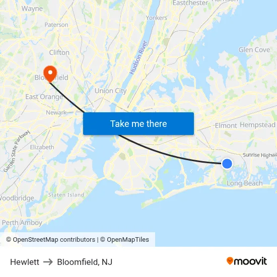 Hewlett to Bloomfield, NJ map