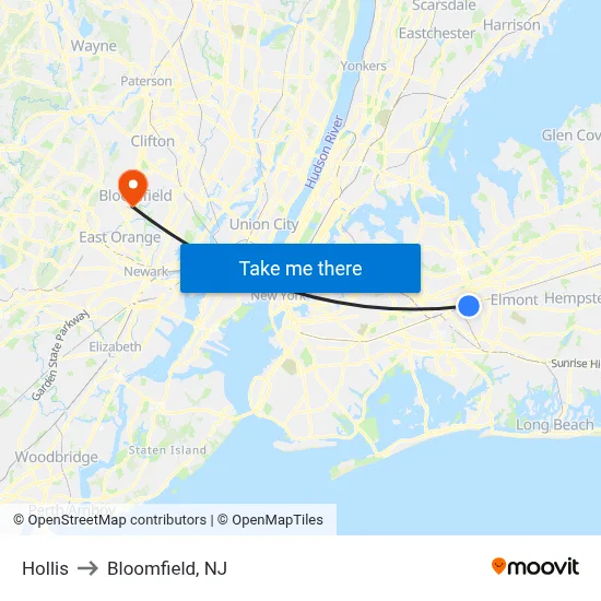 Hollis to Bloomfield, NJ map