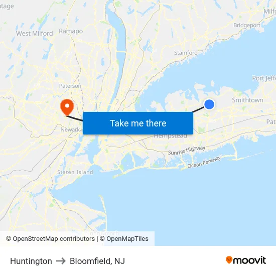 Huntington to Bloomfield, NJ map