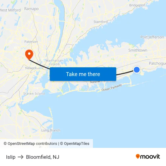 Islip to Bloomfield, NJ map