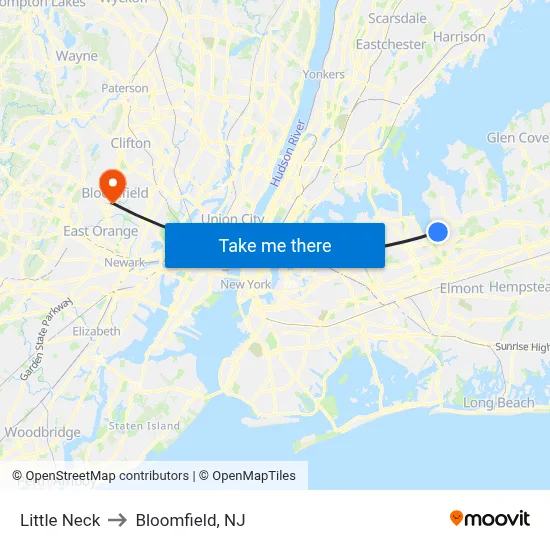 Little Neck to Bloomfield, NJ map