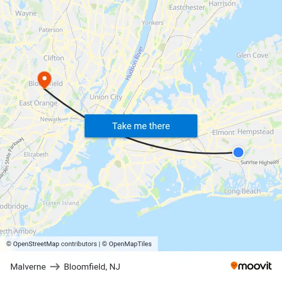 Malverne to Bloomfield, NJ map