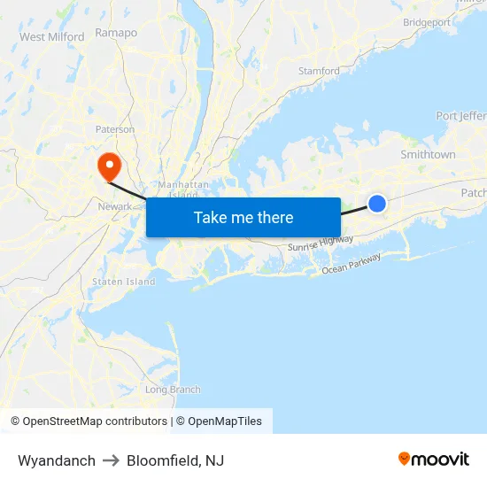Wyandanch to Bloomfield, NJ map