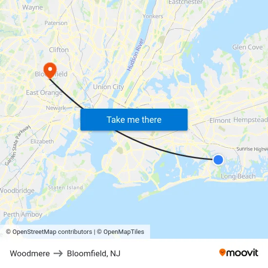 Woodmere to Bloomfield, NJ map