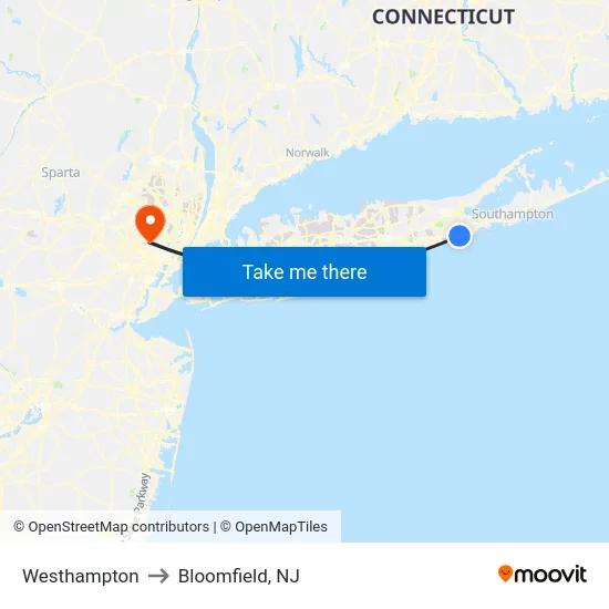 Westhampton to Bloomfield, NJ map