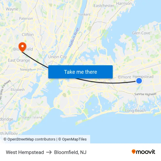West Hempstead to Bloomfield, NJ map