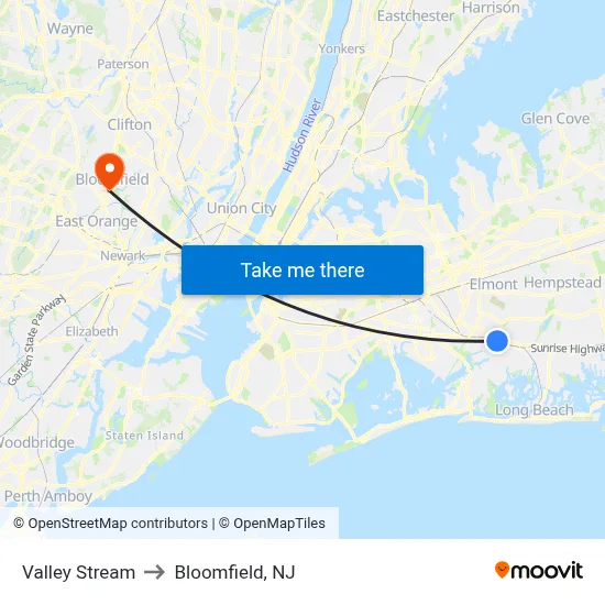 Valley Stream to Bloomfield, NJ map