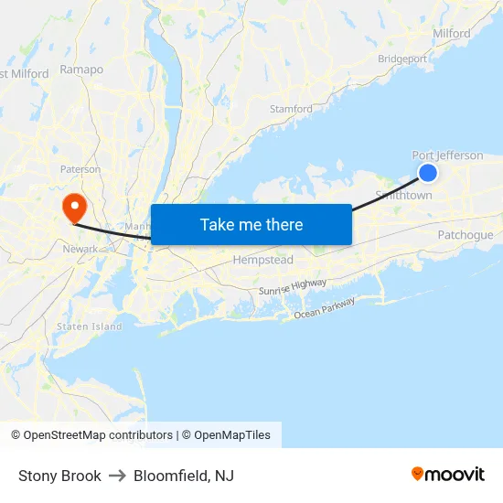 Stony Brook to Bloomfield, NJ map