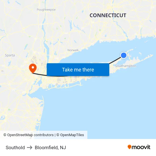 Southold to Bloomfield, NJ map