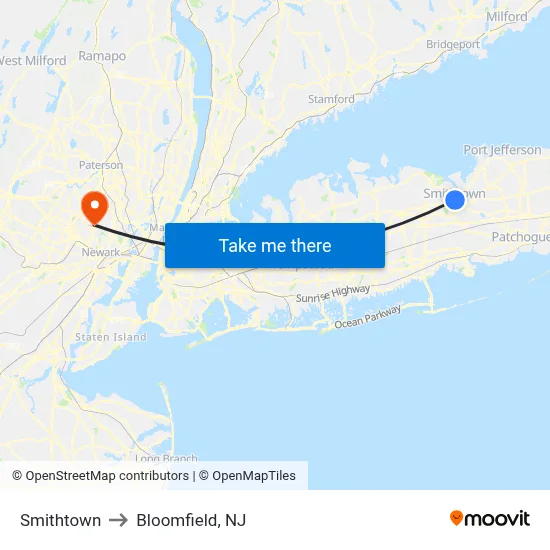 Smithtown to Bloomfield, NJ map