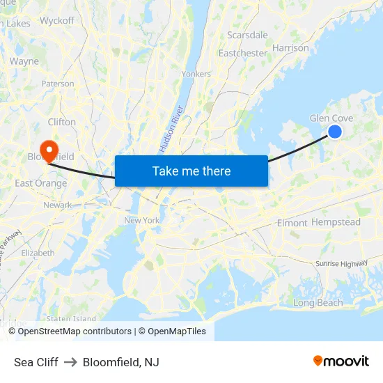 Sea Cliff to Bloomfield, NJ map