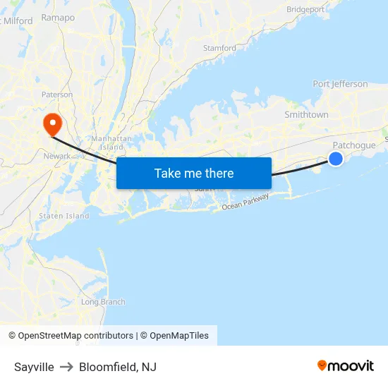 Sayville to Bloomfield, NJ map