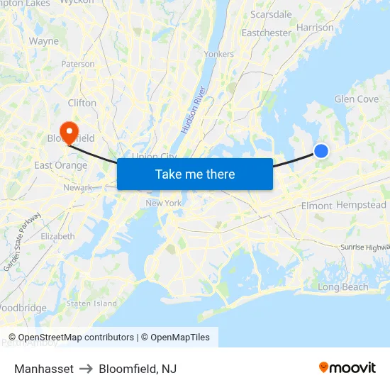 Manhasset to Bloomfield, NJ map