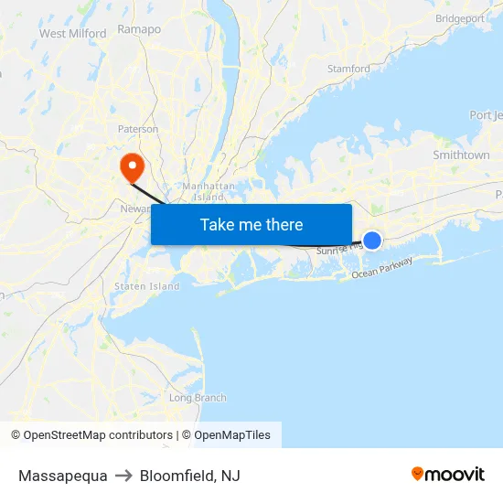Massapequa to Bloomfield, NJ map