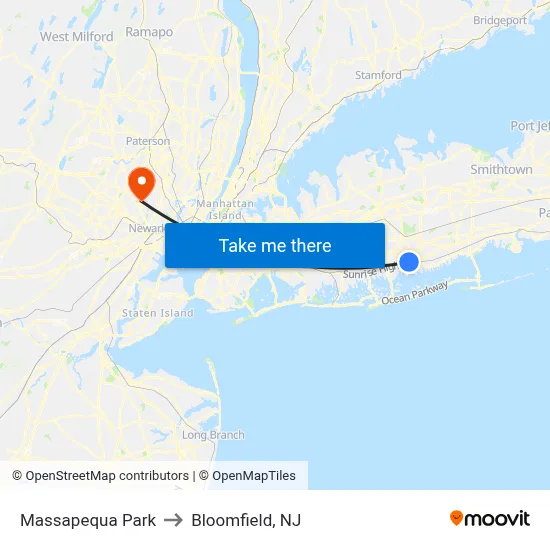Massapequa Park to Bloomfield, NJ map