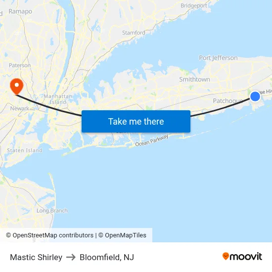 Mastic Shirley to Bloomfield, NJ map