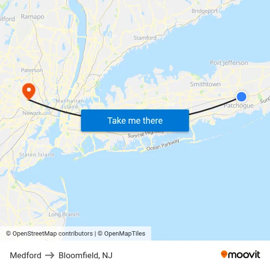 Medford to Bloomfield, NJ map