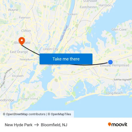 New Hyde Park to Bloomfield, NJ map