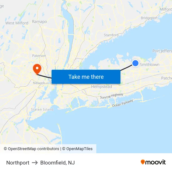 Northport to Bloomfield, NJ map