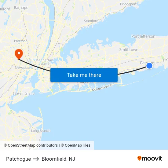 Patchogue to Bloomfield, NJ map