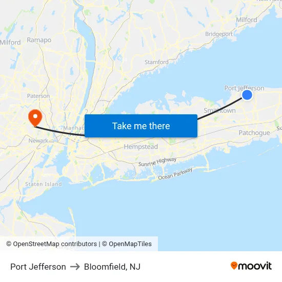 Port Jefferson to Bloomfield, NJ map