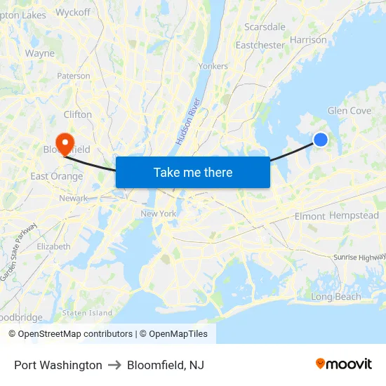 Port Washington to Bloomfield, NJ map