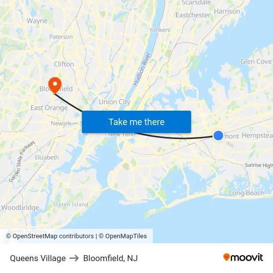 Queens Village to Bloomfield, NJ map