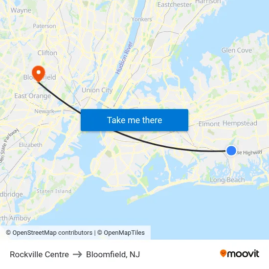 Rockville Centre to Bloomfield, NJ map