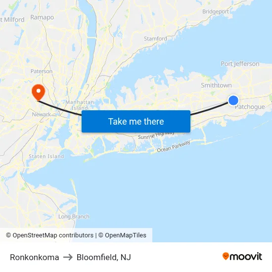 Ronkonkoma to Bloomfield, NJ map