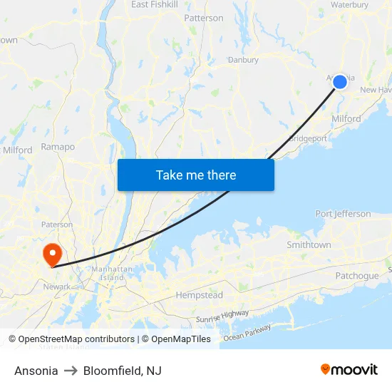 Ansonia to Bloomfield, NJ map