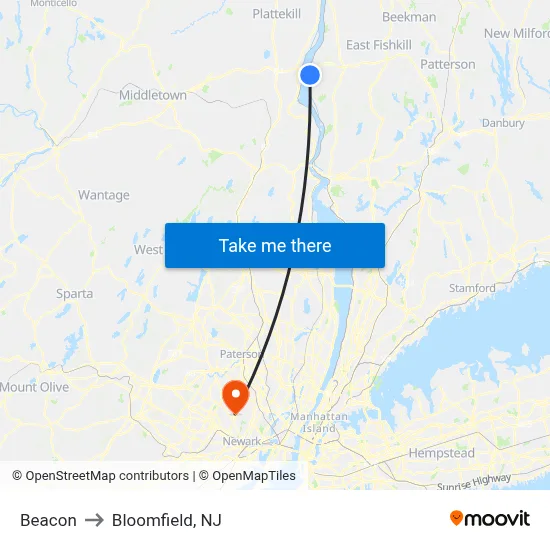 Beacon to Bloomfield, NJ map