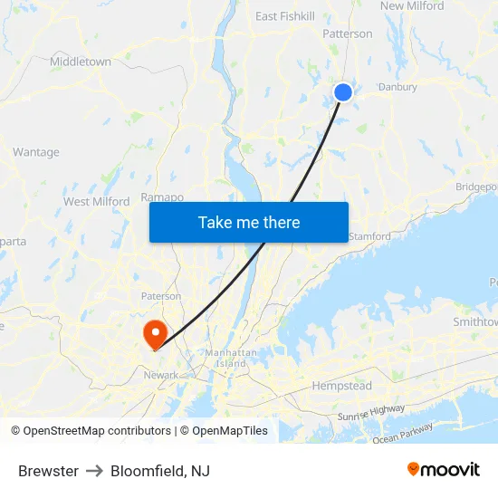 Brewster to Bloomfield, NJ map