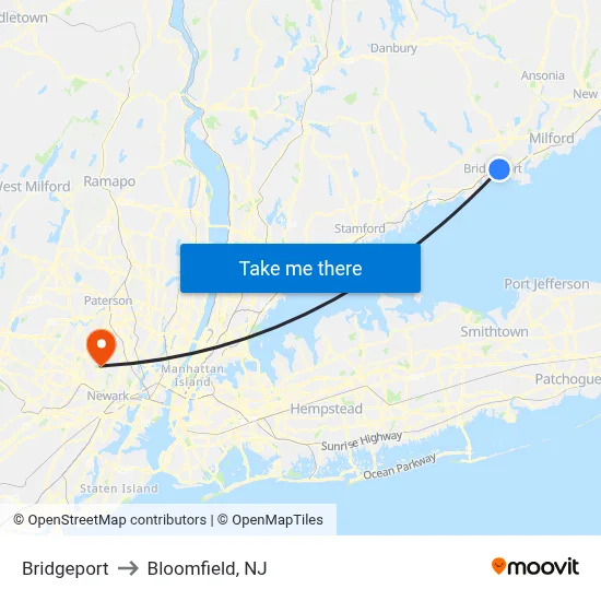 Bridgeport to Bloomfield, NJ map
