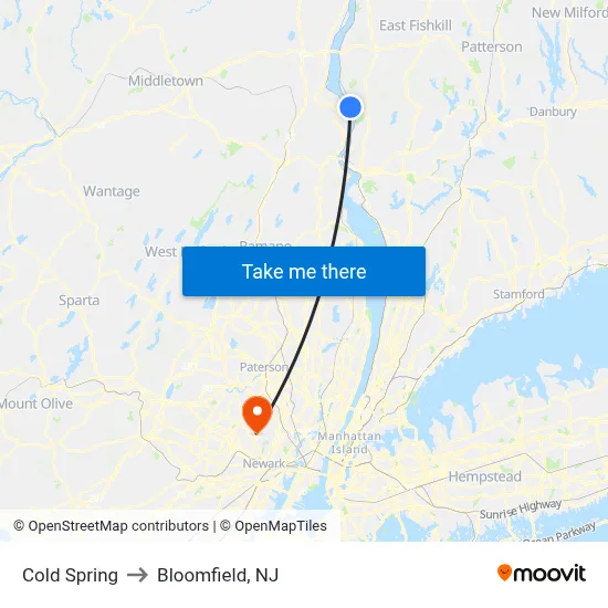 Cold Spring to Bloomfield, NJ map