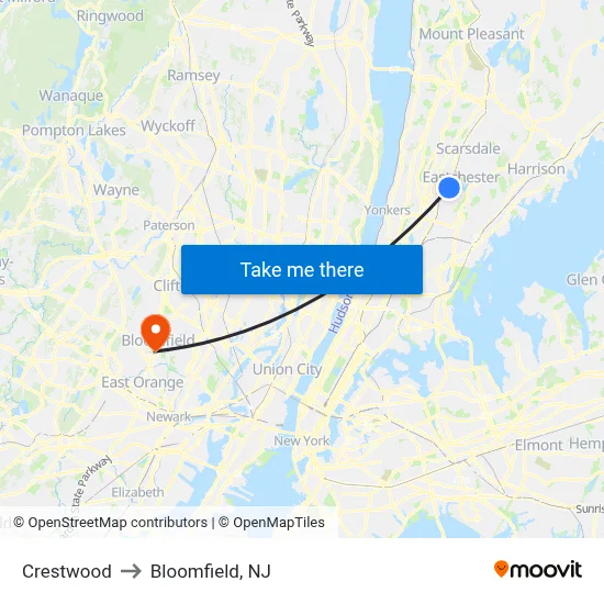 Crestwood to Bloomfield, NJ map