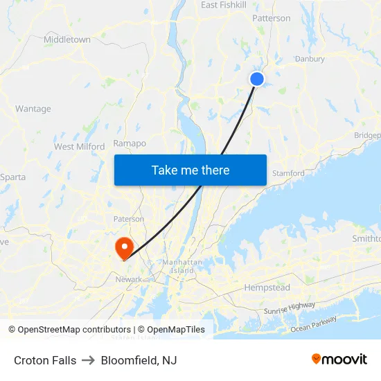 Croton Falls to Bloomfield, NJ map